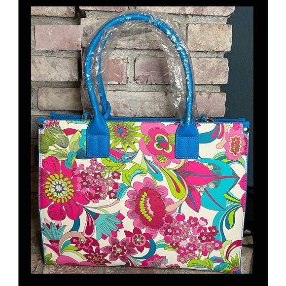 Trina Turk Large Floral Cloud Satchel Magnetic Snap Closure Blue Pinks Print - Picture 3 of 4